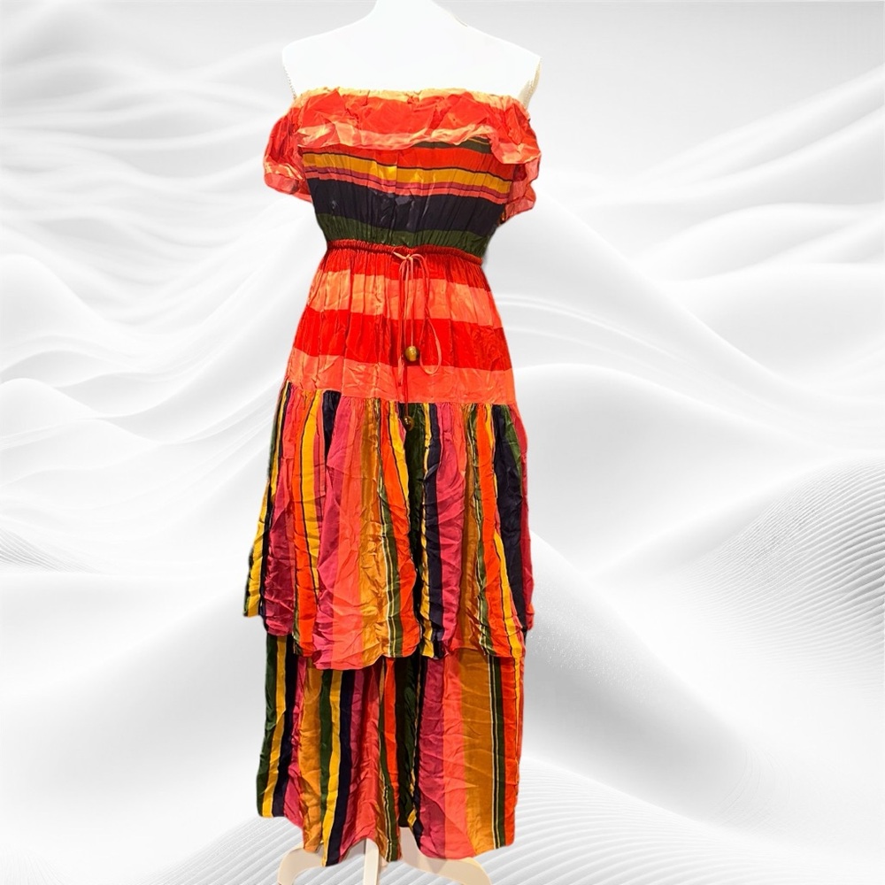FARM Rio Strapless Tiered  Midi Dress Small Red Pink‎ Blue Green Tropical